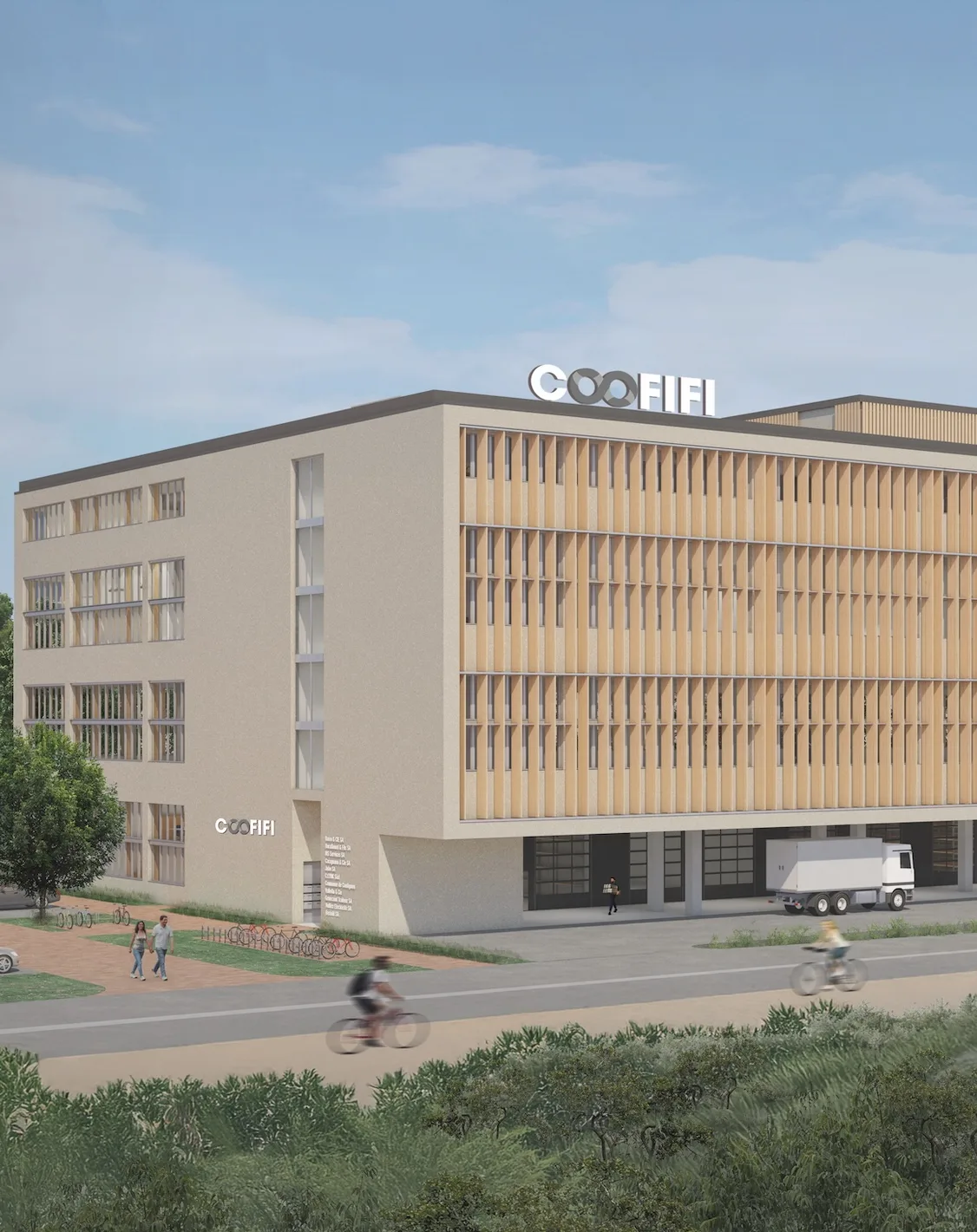 Vue d'architecte du futur bâtiment COOFIFI, avec cyclistes au premier plan