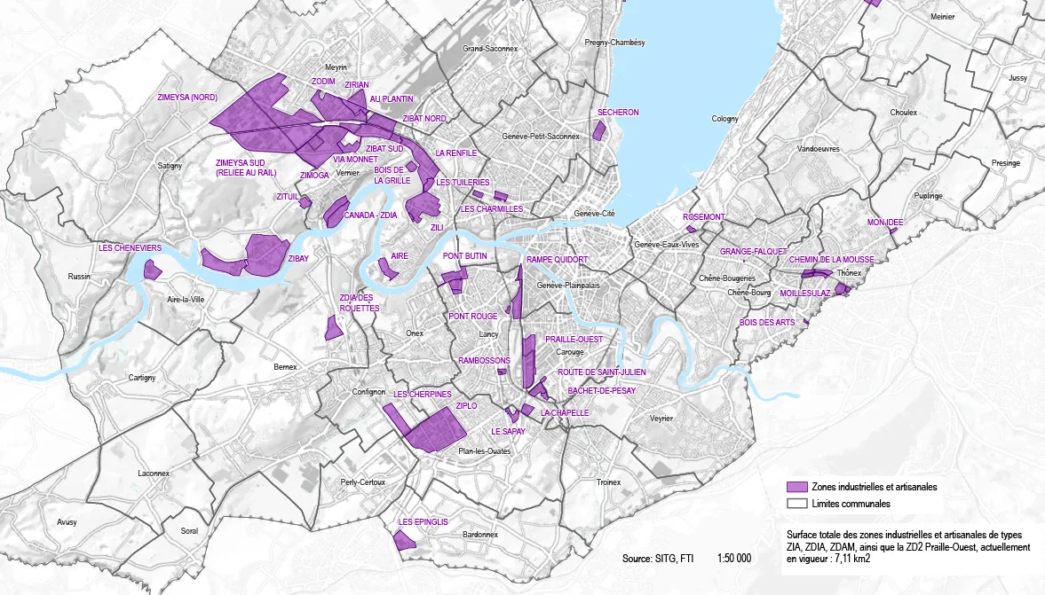 Carte des zones industrielles et artisanales du canton de Genève